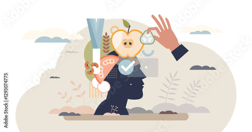 Mindful eating focuses on awareness and appreciation of food, transparent background.Key objects, head silhouette, fruits, hand.