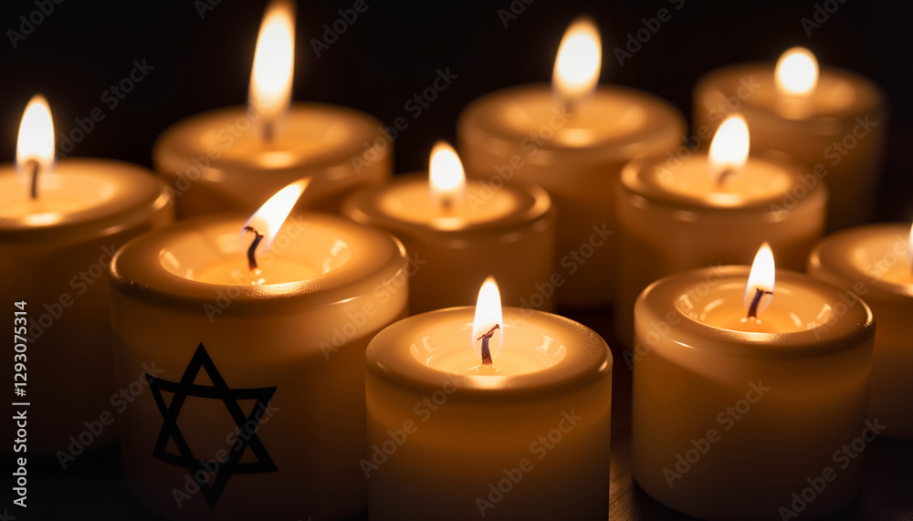 Multiple memorial candles with Star of David glowing in the dark Multiple memorial candles with Star of David glowing in the dark