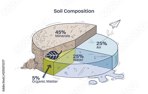 Soil composition diagram shows minerals, water, air, and organic matter in a pie chart, transparent background. Doodle style diagram