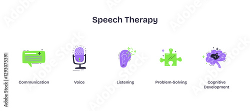 Speech therapy icons depict communication, voice, and cognitive skills, transparent background. Playful style icons