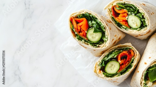 School cafeteria with students enjoying veggie wraps. Featuring fresh veggies and cheerful conversations