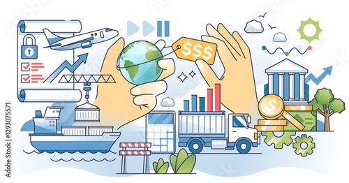Tariffs depict global trade with a globe, price tag, and ship, transparent background.