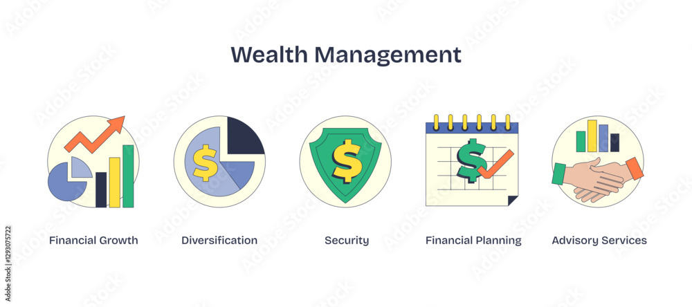 Fototapeta premium Wealth management icons show growth, security, and planning, transparent background.