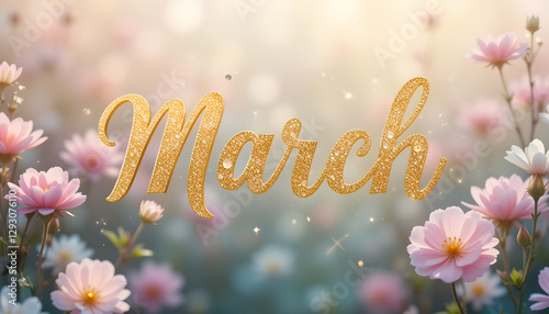 March month with golden cursive font title with spring flowers in the background photo