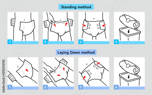 Icons set for instruction of using diaper pants for adults. The outline icons are well scalable and editable. Contrasting vector elements are good for different backgrounds. EPS10.	