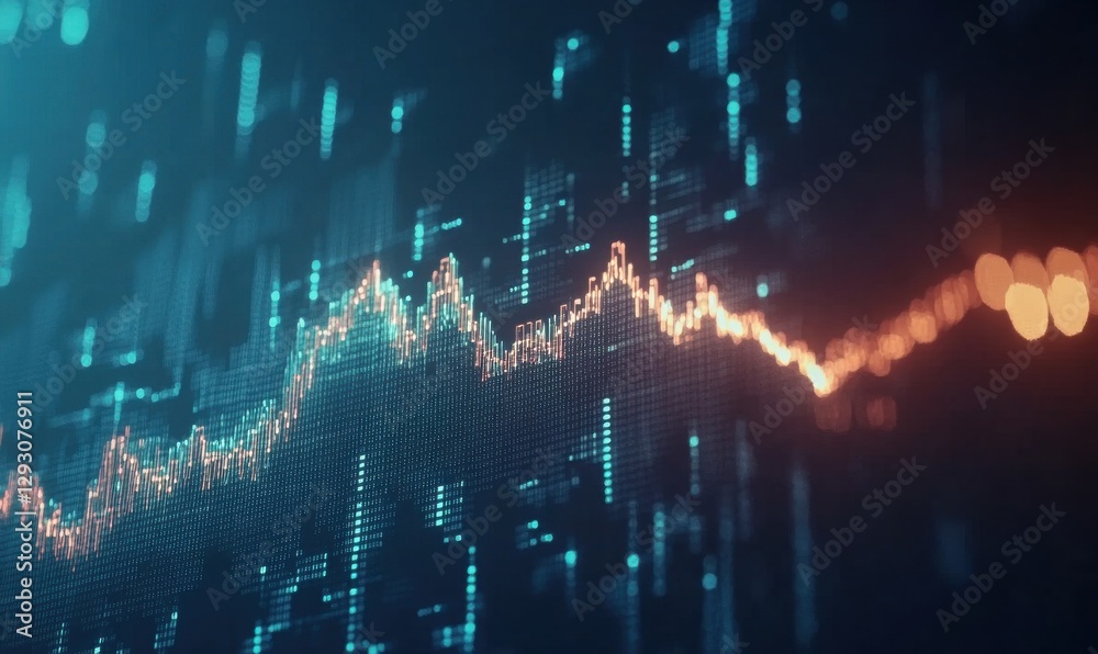 Obraz premium A digital representation of a fluctuating graph, showcasing data trends with glowing lines and points against a dark background.