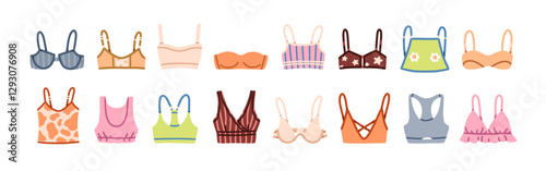Bra set. Top lingerie designs. Women underwear for breast. Brassiere, bralett...