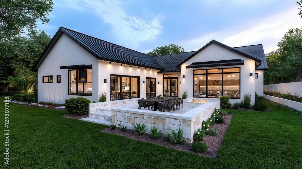 Modern house with large windows and outdoor seating area in green landscape.
