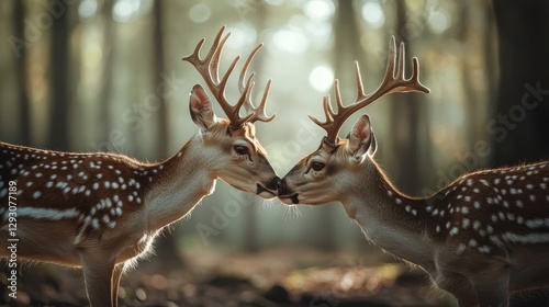 Two deer nuzzle each other in a forest.