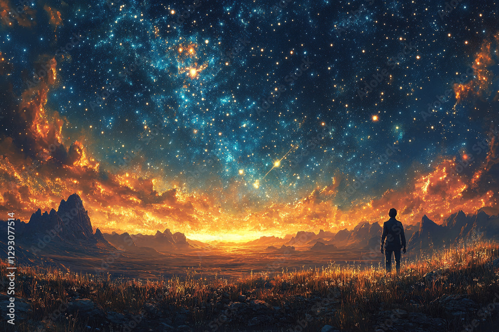 Fototapeta premium Celestial Horizon, A Solitary Figure Under a Cosmic Vista