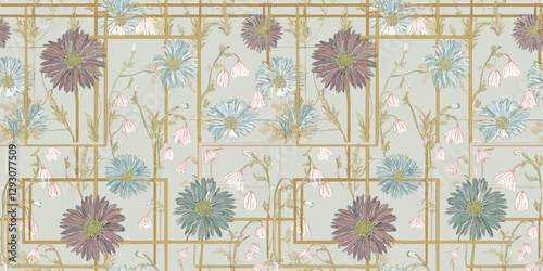 Handmade repeating floral pattern with purple and blue daisy-like flowers arranged in grid-like structure with gold lines on light beige background,
 for gift wrap and wallpaper