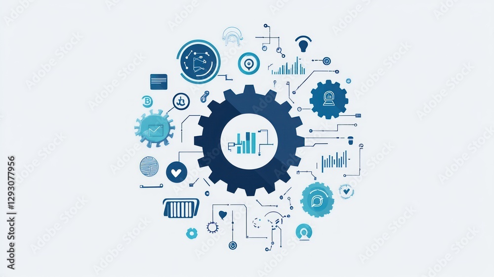 Interconnected gear system with various data visualization elements, suggesting business process optimization and technology integration. Interconnected gear system with various data visualization elements, suggesting business process optimization and technology integration.
