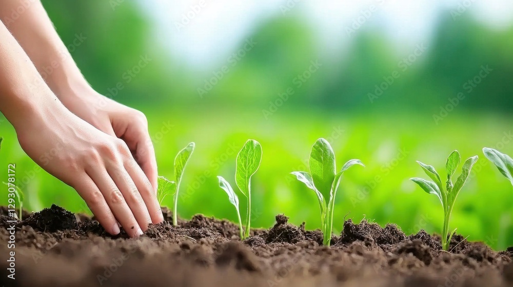 A person is planting young seedlings in rich soil, emphasizing the connection between hands and nature in a vibrant, green environment. A person is planting young seedlings in rich soil, emphasizing the connection between hands and nature in a vibrant, green environment.