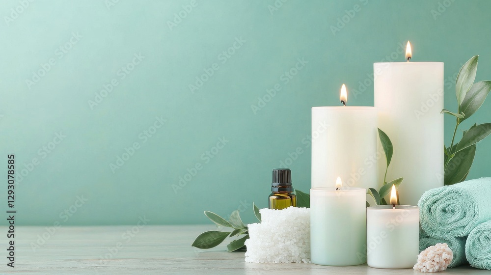 A serene arrangement of white candles, essential oils, and soft towels, set against a calming mint green background. A serene arrangement of white candles, essential oils, and soft towels, set against a calming mint green background.