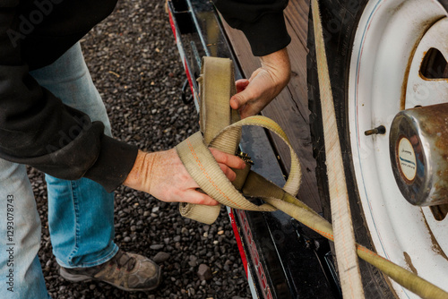 Close-up of hands securing a ratchet strap on a trailer wheel