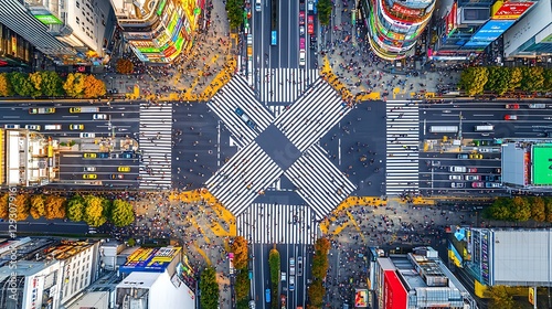 Aerial view of bustling city intersection