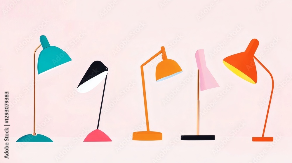 Vibrant collection of modern desk lamps displayed against a pastel background in a well-lit space Vibrant collection of modern desk lamps displayed against a pastel background in a well-lit space