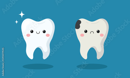 Cute tooth character, happy healthy tooth and sad cavities tooth