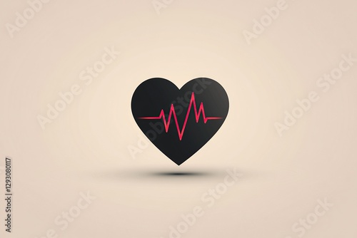 Heart Health Symbol: Black Heart with Red Electrocardiogram Line