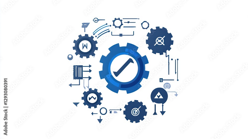 Abstract illustration of a system with interconnected gears, check mark, and various technical elements, representing streamlined processes and successful outcomes. Abstract illustration of a system with interconnected gears, check mark, and various technical elements, representing streamlined processes and successful outcomes.
