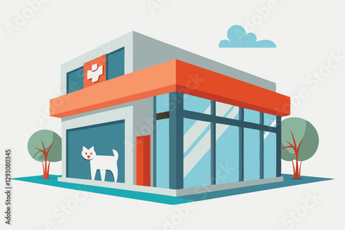 A modern veterinary clinic showcasing a sleek design with large windows and a welcoming entrance, Modern, sleek design of a veterinary clinic building, minimalist simple modern vector logo design