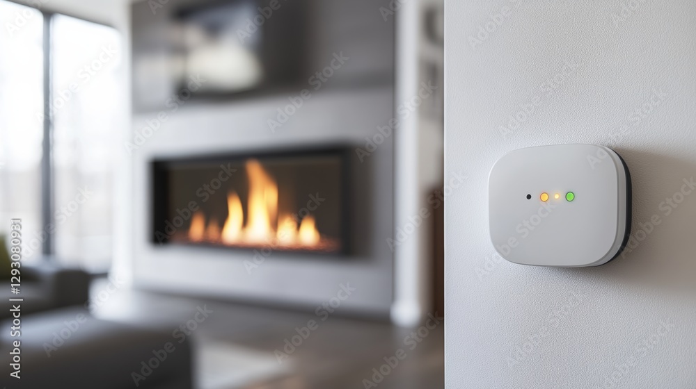 Carbon monoxide detector on a wall near a gas fireplace. Featuring detection and prevention Carbon monoxide detector on a wall near a gas fireplace. Featuring detection and prevention