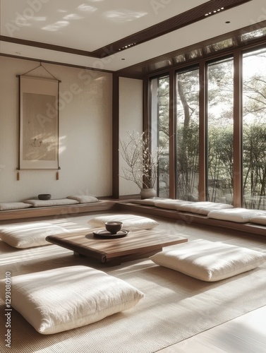 A serene minimalist interior scene containing pillows and a wooden table