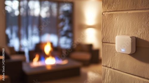 Carbon monoxide detector on a wall near a gas fireplace. Featuring detection and prevention