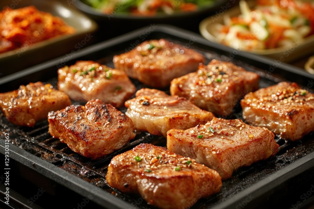 Close-up of Grilled Korean Barbecue Meat with Various Marinades on a Traditional Grill Close-up of Grilled Korean Barbecue Meat with Various Marinades on a Traditional Grill