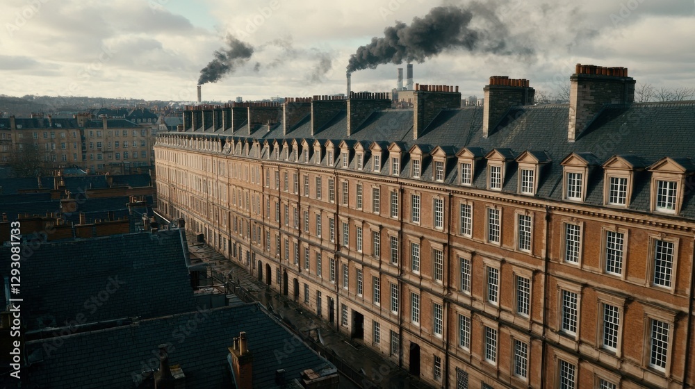 Obraz premium A panoramic view of brick buildings with smoke rising from chimneys under a cloudy sky, depicting an industrial landscape.