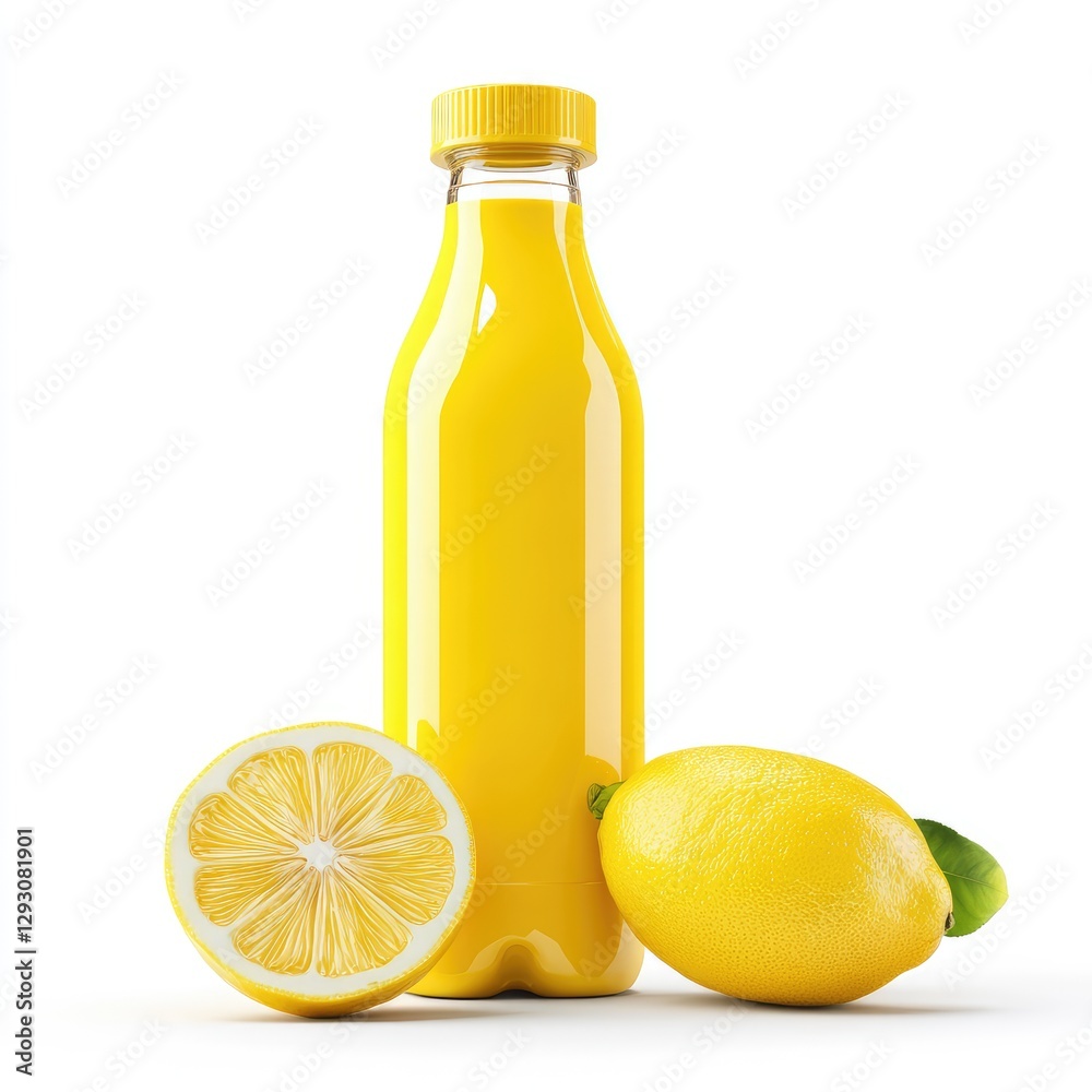 lemon juice bottle with a lemon slice on a white background