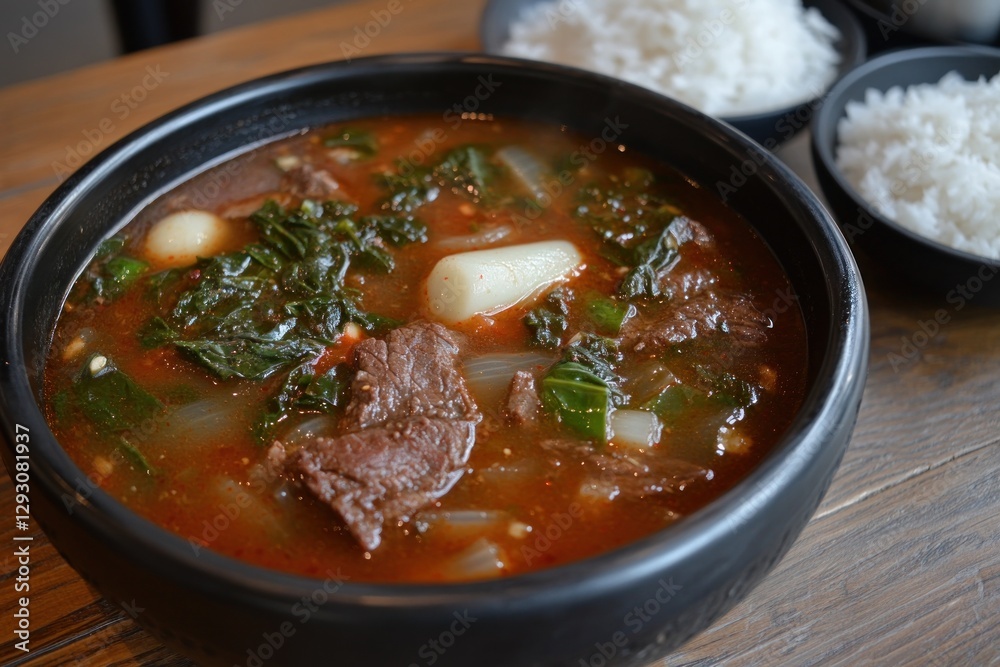 Hearty Korean Galbitang Soup with Tender Beef and Vegetables Served with Rice Hearty Korean Galbitang Soup with Tender Beef and Vegetables Served with Rice