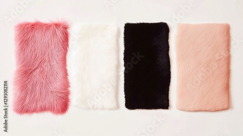 Colorful faux fur fabric swatches arranged in a row on a light background showcasing texture and variety