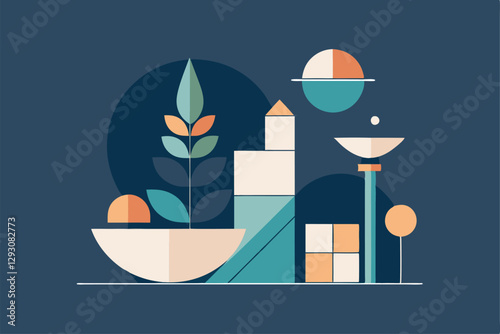 A vibrant arrangement of geometric shapes and a central plant creates a striking minimalist design, Opt for a minimalist approach that focuses on simplicity and elegance