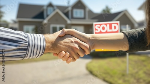 A real estate agent shaking hands with a client in front of a recently sold house. Firm handshake symbolizing a consummated transaction. A gesture of finalizing the deal