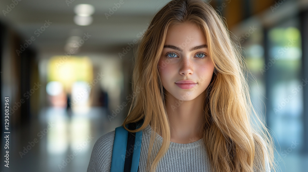 Fototapeta premium Confident female student walking with backpack, embodying determination and focus.