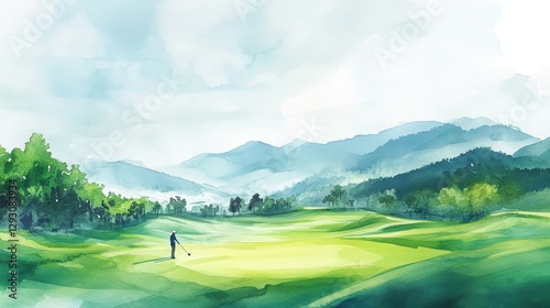 Serene Golf Course Landscape: A watercolor painting of a picturesque golf course nestled in a valley surrounded by lush green hills and a misty sky.  A lone golfer stands on the fairway.