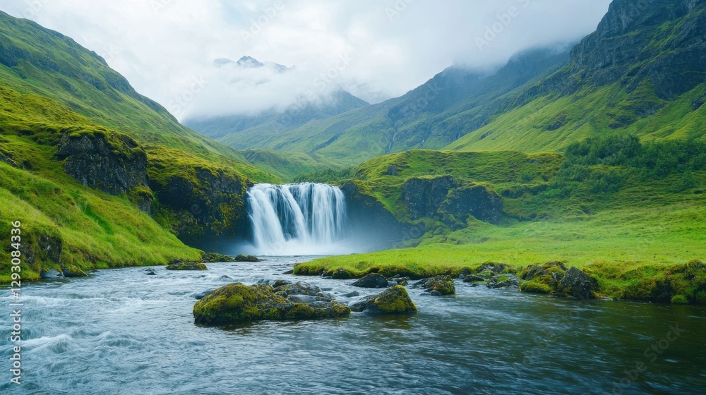 A serene landscape featuring a waterfall cascading into a river, surrounded by lush green hills and misty mountains. A serene landscape featuring a waterfall cascading into a river, surrounded by lush green hills and misty mountains.