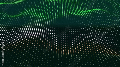 Abstract blue background wave white and green dot particles form. Technology futuristic digital flow seamless looping