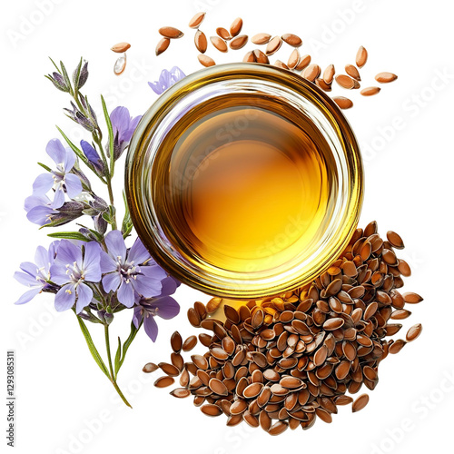 Top view of a perfectly beautiful hyperrealistic single glass bowl of flaxseed oil with flaxseeds and flax blossoms isolated on a white transparent background