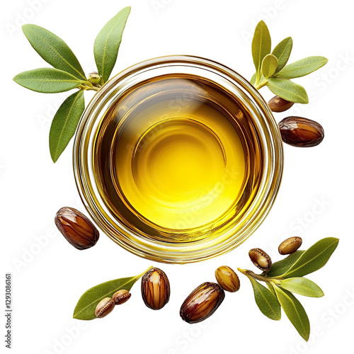 Top view of a perfectly beautiful hyperrealistic single glass bowl of jojoba oil with jojoba seeds and jojoba leaves isolated on a white transparent background