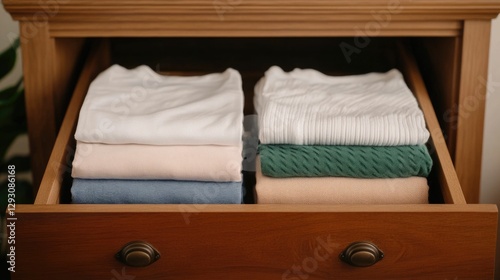 A wooden dresser with neatly folded and organized clothes stacked inside its open drawer representing the harmony and order within a well managed household photo