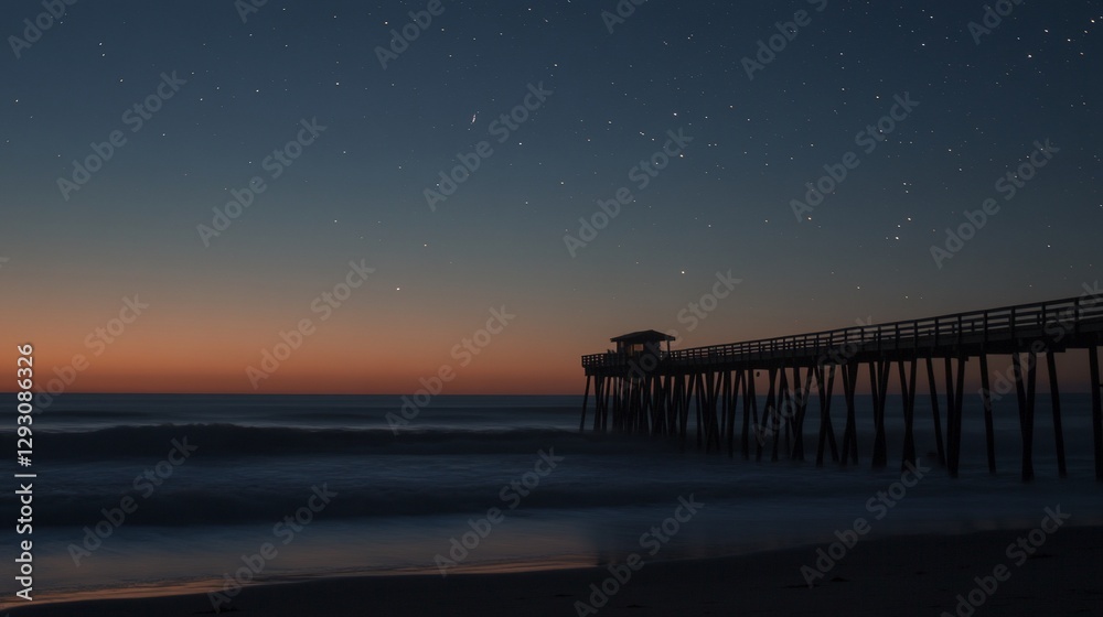 Fototapeta premium Night sky over ocean pier silhouette.
