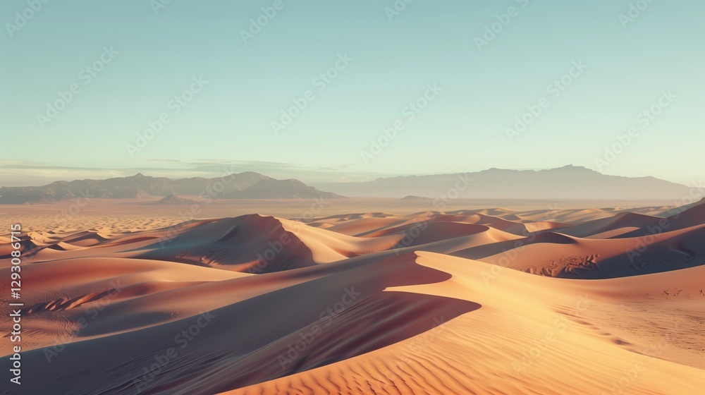 Naklejka premium A rolling desert landscape with soft sand dunes, a clear sky, and distant mountains on the horizon.