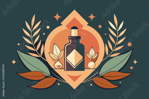 A luxury cosmetic bottle surrounded by elegant leaves and soft colors creates a serene ambiance, Serene and sophisticated design for a luxury cosmetics brand