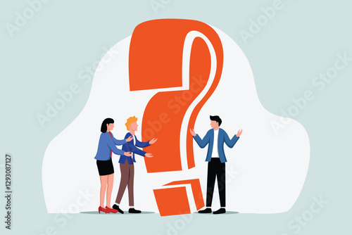 People searching solutions and asking for help. Men and women discussing huge question mark. Vector illustration for communication, assistance, consulting concept.