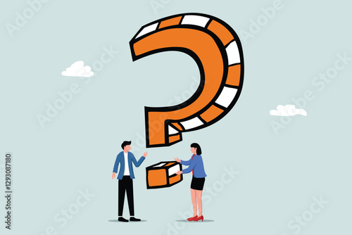 People searching solutions and asking for help. Men and women discussing huge question mark. Vector illustration for communication, assistance, consulting concept.