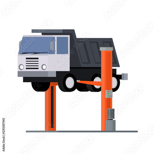 Truck diagnostics. Repair of a car on a lift in a car service station, vector illustration