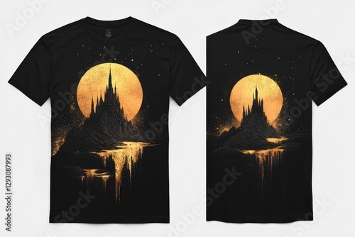 Gothic Castle Moonlit TShirt Design Black Gold isolated on white background photo