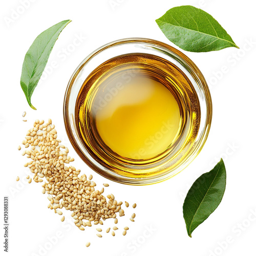 Top view of a perfectly beautiful hyperrealistic single glass bowl of sesame oil with sesame seeds and sesame leaves isolated on a white transparent background